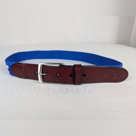Kids Lacrosse Belt Brown Leather Blue Canvas Solid Brass Sports Team Sz 28 - Picture 2 of 8